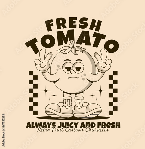 Fresh tomato retro cartoon character illustration, perfect for t-shirt designs, stickers, and apparel
