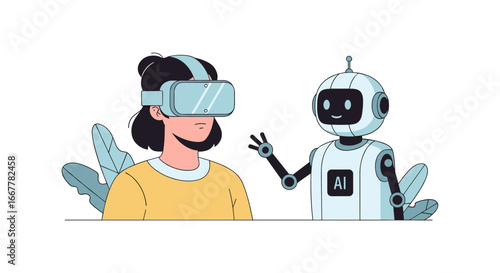 A person explores immersive virtual reality experiences while interacting with an advanced artificial intelligence robot, symbolizing future technological integration.