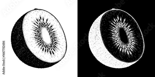 Black and white illustration of a cut kiwi fruit, monochrome isolated vector image, two design variants on transparent and black background, pencil drawing, chalk drawing
