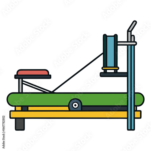 Stylized illustration of a woodworking lathe with a green base and yellow supports