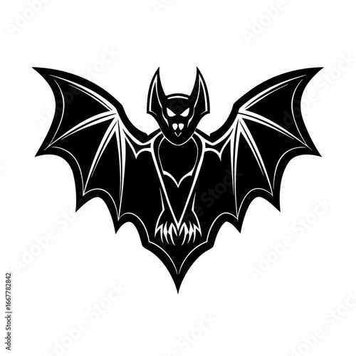A cartoon Halloween bat vector illustration with wings and a scary silhouette