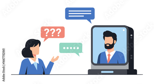 A professional woman engages in a virtual video conference with a male consultant, seeking answers and discussing solutions online.