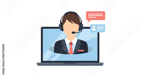 A professional customer service representative provides virtual support and online assistance through a laptop screen, embodying efficient digital communication and remote solutions.
