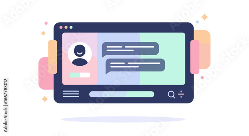 A modern flat design illustration depicts an online chat application interface within a web browser, showcasing digital communication and social networking.