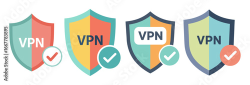 Colorful shield icons, each displaying 'VPN' text and a checkmark, representing secure internet connections, online privacy, and data protection.