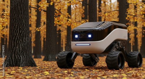 Futuristic robot navigates autumn forest with solar panel