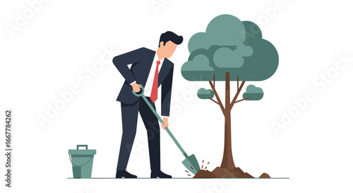 A dedicated businessman in a sharp suit diligently plants a young tree, symbolizing long-term investment, sustainable growth, and future prosperity for his enterprise.
