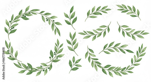 Elegant watercolor green leaves and branches for spring wedding invitations and botanical designs