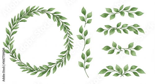 Elegant wreath and branch collection with green leaves for invitations and creative projects, spring nature