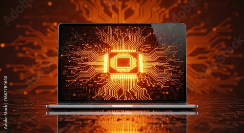 Modern laptop displays glowing circuit board, symbolizing innovation