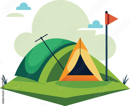 tent pitched on grassy hill with hiking poles outside
