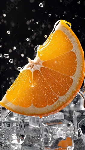 Close-up video of fresh orange slices with water splashes against a solid black background, highlighting vibrant color, juicy texture, and refreshing citrus appeal.