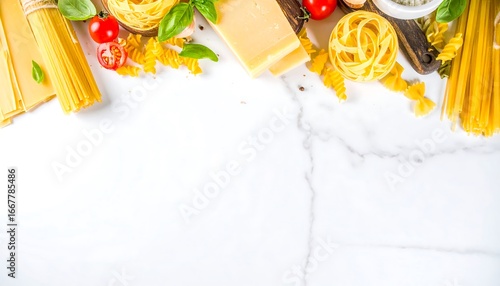 Various pasta types, cheese, and tomatoes on a white surface