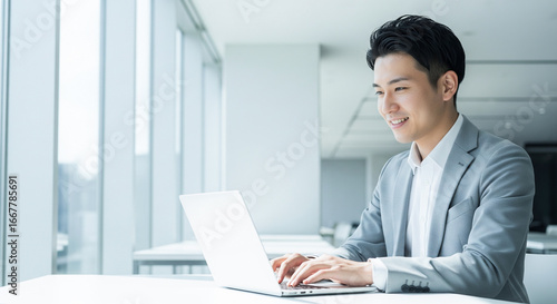 オフィスでパソコン作業をする笑顔の若いビジネスマン