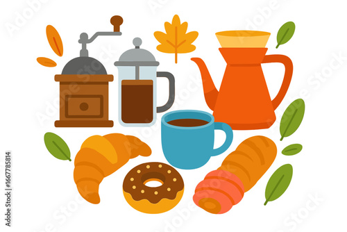 Coffee brewing tools set with pastries for breakfast. Autumn flat design illustration. Vector icons of grinder, french press, croissant, donut. Cafe menu elements concept.