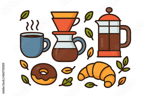 Coffee brewing tools icon set with pastries. Flat design vector illustration with pour over maker, french press, mug, donut, and croissant. Morning cafe breakfast concept.
