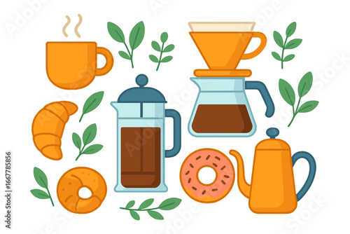 Coffee brewing tools and pastries set. Pour-over, french press, pot, cup, donut, croissant icons. Flat design vector illustration for cafe menu or coffee shop graphic elements.