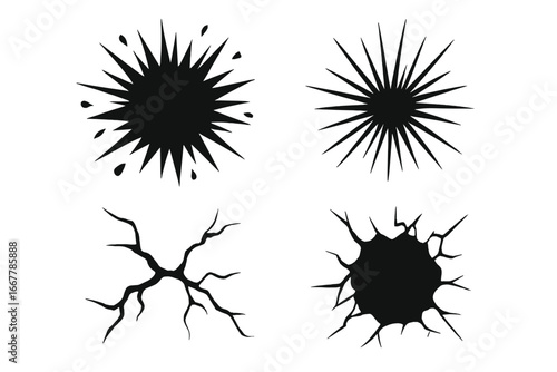 Set of black graphic explosion and crack effects. Vector illustration of burst, shatter, and hole damage. Abstract cartoon shapes for creative design and comic book elements.