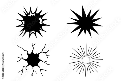 Set of black abstract explosion, burst, and crack shapes. Vector graphic elements for comic book effects, impact, damage, and starburst designs. Sunburst and fracture icons.