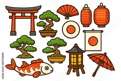 Set of Japanese culture symbols. Traditional Japan icon collection. Vector cartoon illustration of torii, bonsai, koi fish, lantern, fan, umbrella. Asian travel elements pack.