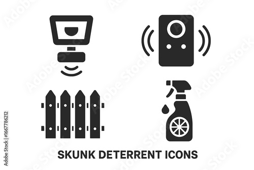 Skunk deterrent and repellent solid icon set. Pest control concept. Vector glyph illustrations of motion sensor light, ultrasonic sound device, fence barrier, and citrus spray.