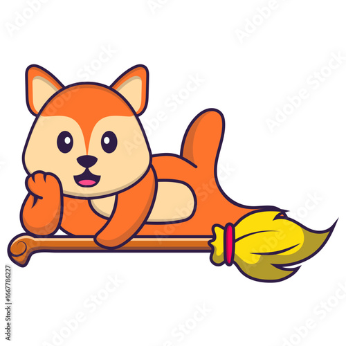 A cute cartoon fox witch is lying on a broom, looking happy and relaxed.