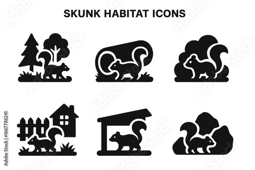 Skunk habitat solid icon set. Wildlife animal glyph symbols. Forest, hollow log, bush, backyard, under shed, rocky den. Nature and urban environment vector pictograms.