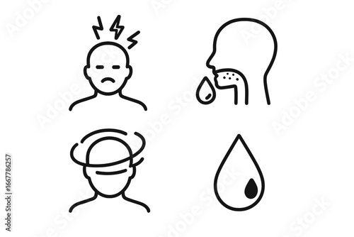 Dehydration symptoms line icon set. Medical vector collection showing headache, dizziness, dry mouth and dark urine. Health problem signs. Water loss, heatstroke concept illustration.