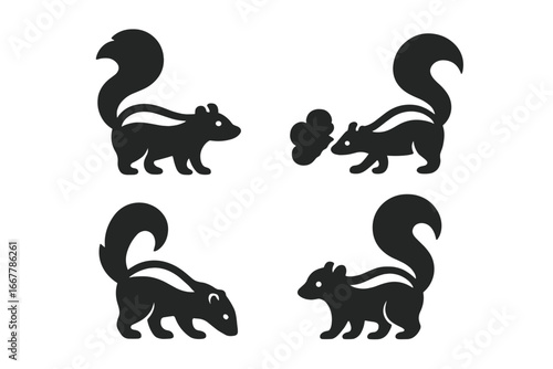 Skunk icon collection. Cute cartoon skunks vector silhouette set. Wildlife animal in different poses, standing, foraging, and spraying stink. Black and white logo or pictogram.