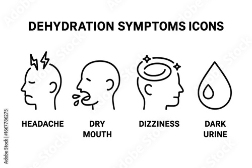 Dehydration symptoms line icon set. Headache, dry mouth, dizziness, dark urine vector icons. Health problem concept. Water loss signs. Medical infographic elements collection.