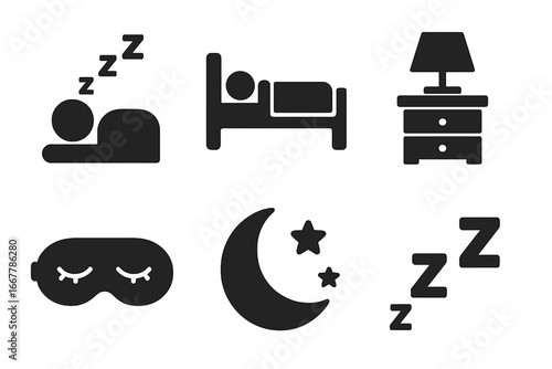 Sleep icons glyph set. Vector pictograms of rest, dream, and bedtime. Symbols for sleeping person, bed, nightstand, moon, stars, eyemask, insomnia, slumber, relaxation, zzz.