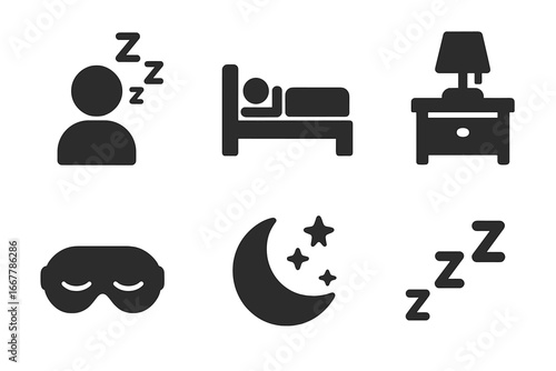 Sleep and rest solid glyph icon set. Bedtime routine symbols collection. Sleeping person, bed, nightstand, sleep mask, moon, stars, zzz. Insomnia and relaxation concept.
