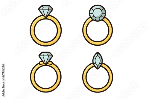 Engagement rings vector set. Gold wedding rings with different diamond cuts and shapes. Jewelry icon collection for marriage, proposal, love. Minimalist cartoon illustration.
