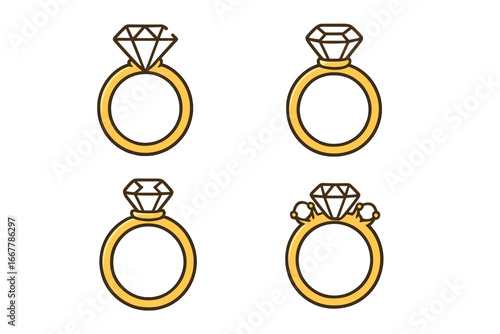 Set of engagement rings with diamonds. Gold wedding jewelry collection. Minimalist vector icon for marriage proposal, anniversary, or bridal design. Wedding planning concept.