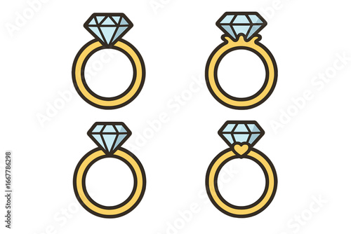 Set of diamond engagement rings. Gold wedding ring collection. Vector icon for marriage proposal, jewelry and love. Minimalist simple design. Precious gem stone illustration.