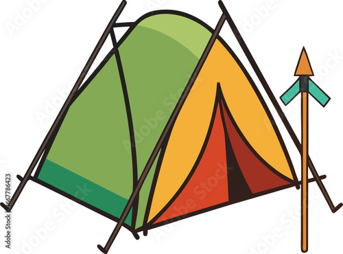 tent with trekking poles leaning on it
