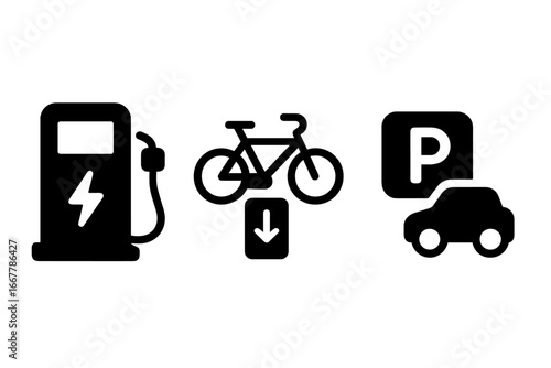 Smart mobility vector icon set. Urban transport infrastructure symbols. EV charging station, bike sharing rental, car parking sign. Eco friendly city transportation concept.