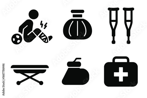 Soccer injury solid glyph icon set. Football player with leg pain, crutches, stretcher, first aid kit, bandage and ice pack. Sports medicine and healthcare vector symbols.