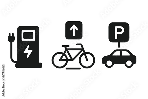 Smart mobility solid icon set. Urban transport infrastructure glyphs. Electric vehicle charging station, bicycle lane sign, and car parking spot symbols. Vector illustration.