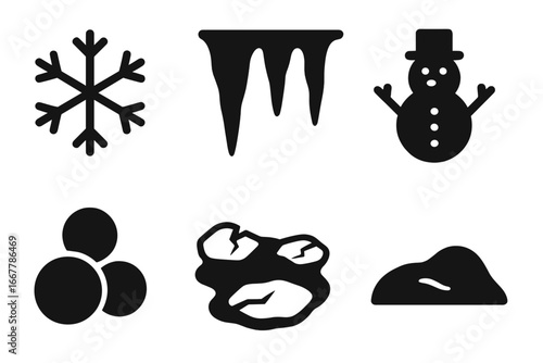 Snow and ice solid glyph icon set. Winter season vector symbols collection. Includes snowflake, icicles, snowman, snowballs, frozen water, and snowdrift illustration.