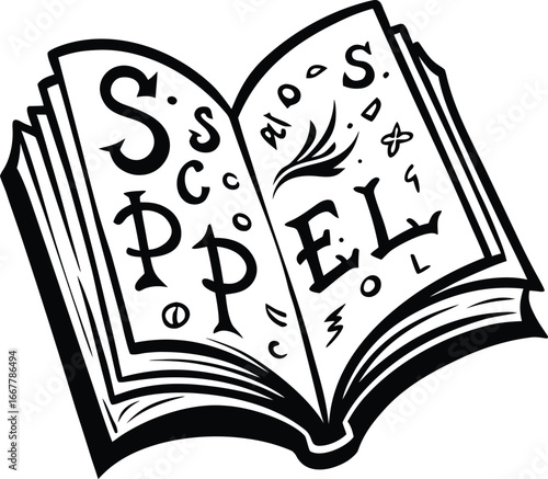thick spell book opened with ancient alphabet text