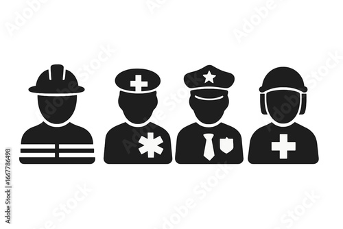 Emergency response team icon set. Firefighter, paramedic, police officer, and rescue worker symbols. Vector glyph silhouette of essential workers for public safety and medical services.