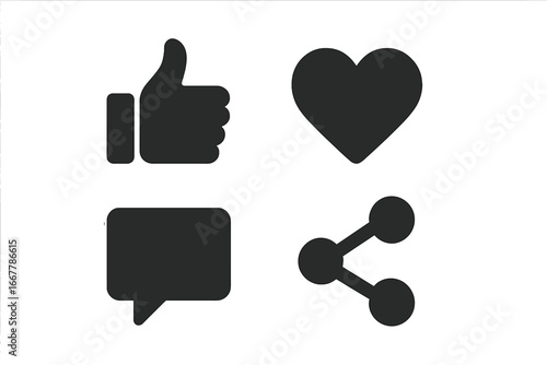 Social media icons set. Solid glyph vector illustration of follower interaction symbols. Thumbs up for like, heart for love, speech bubble for comment, and share button.