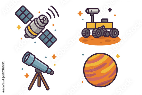 Space exploration icon set with satellite, mars rover, telescope and planet. Colorful vector cartoon illustration. Astronomy, science and technology graphic elements collection.