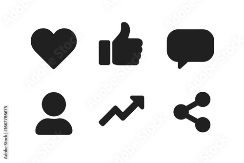 Social media solid glyph icon set. Black silhouette icons for web and mobile apps. Like, comment, share, follower, love, and trending symbols for user interface design.