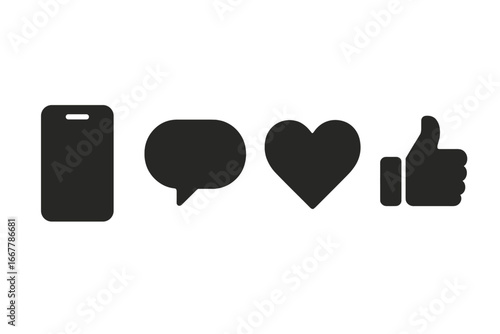 Social media icons set. Solid glyph collection for mobile app interface. Smartphone, chat bubble, heart, and like button symbols. Vector for web communication and engagement.