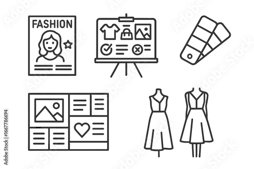 Fashion stylist icon set. Personal shopper and style advice icons. Vector outline symbols of fashion magazine, mood board, color swatch, outfit sketch and clothing design.