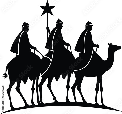 three wise men riding camels toward nativity