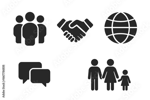 Society and community solid glyph icon set. Teamwork, partnership, global communication, and family pictograms. People, handshake, globe, chat bubble, and family vector icons.