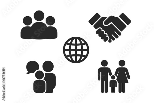 Society and community solid icon set. Glyph symbols of people group, team, handshake agreement, global network, communication and family. Business vector illustration.
